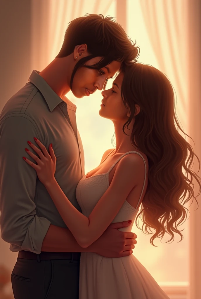 couple,light skinned woman,Long hair woman,brown haired woman,woman leaning on man,Brown hair man,curly hair man,fair-skinned male,Man holding woman