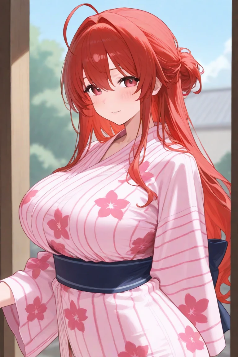 solo, long hair, breasts, looking at viewer, bangs, big breasts:1.5, hair ornament, cleavage, blue eyes, full body, clip on hair, laughter ,parted lips, japanese clothes, kimono, mole, mole under eye ,curve body,milf,motherly,mature female,night sky ,standing ,cross hand holding kimono,untied kimono, cowboy shot,kimono off the shoulder,oil skin, Milky white skin, ,wet hair, mercenary pose,face on front,big round breasts. slightly , slim body, sexy body, white skin, loose kimono ,face on camera , erotic pose,in a garden,red hair, long hair, blue eyes, green eyes, ahoge, large breasts,rias_gremory
