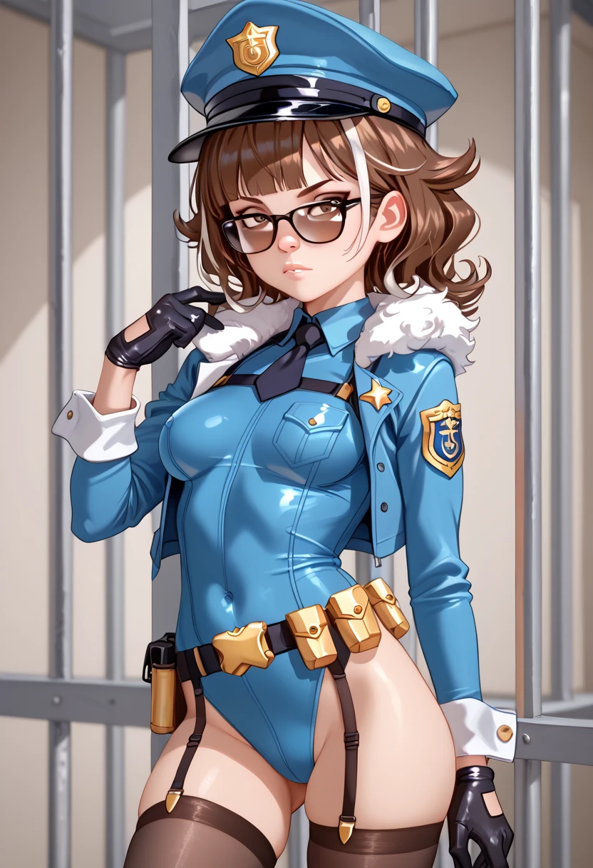((best quality)), ((masterpiece)), (detailed), perfect face Flight attendant woman wearing cap, gloves and long sleeve leotard squatting barefoot. Bare legs.