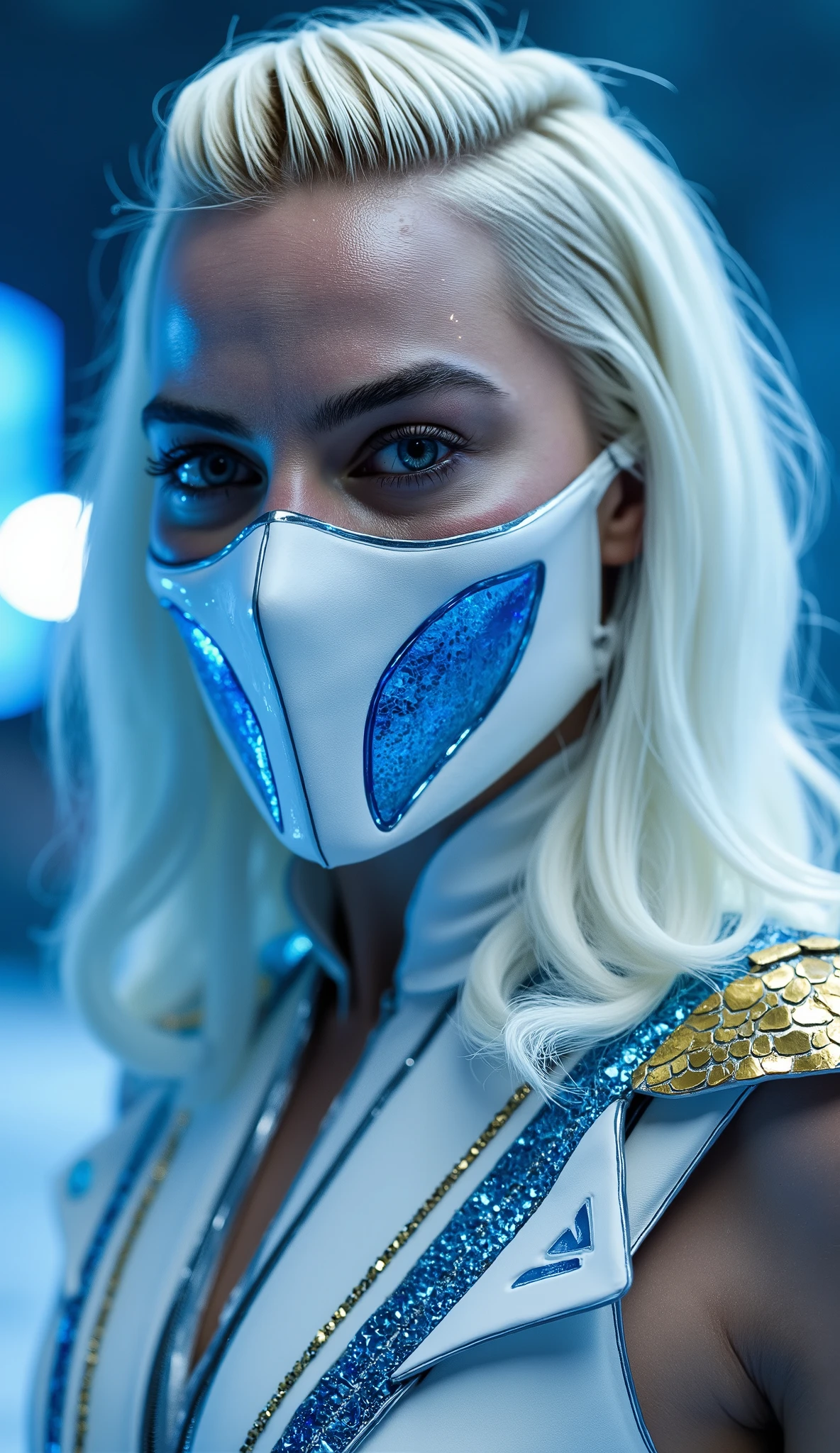 Here's a detailed prompt to generate a super realistic image of Margot Robbie as Frost, details with a white mask and shiny metallic blue and gold details, focused on the upper body: "Close-up hiper-realista da Emma Watson como Frost, the cryomating warrior of * mortal kombat*. She is in a cold and determined pose, with an intense and calculating expression . Frost wears her iconic white and metallic blue outfit, with details sparkles that reflect light in an impressive way. Her white mask and gold, that covers part of the face , is highly detailed , with bright metallic blue patterns and realistic reflections. The focus is on the face and upper body, highlighting the skin texture , the metallic reflections of the mask and the details of the costume. The lighting is cool and dramatic , with bluish tones and strong contrasts between light and shadow, creating a cinematic effect. The background is a realistic, icy setting, with blue lights, ice crystals and a soft mist, adding a powerful and immersive atmosphere." This prompt should guarantee an incredibly realistic and detailed image, focused on the upper body da Emma Watson como Frost, with a white mask and shiny metallic blue details, against a striking background!without the hoodie showing off her beautiful hair