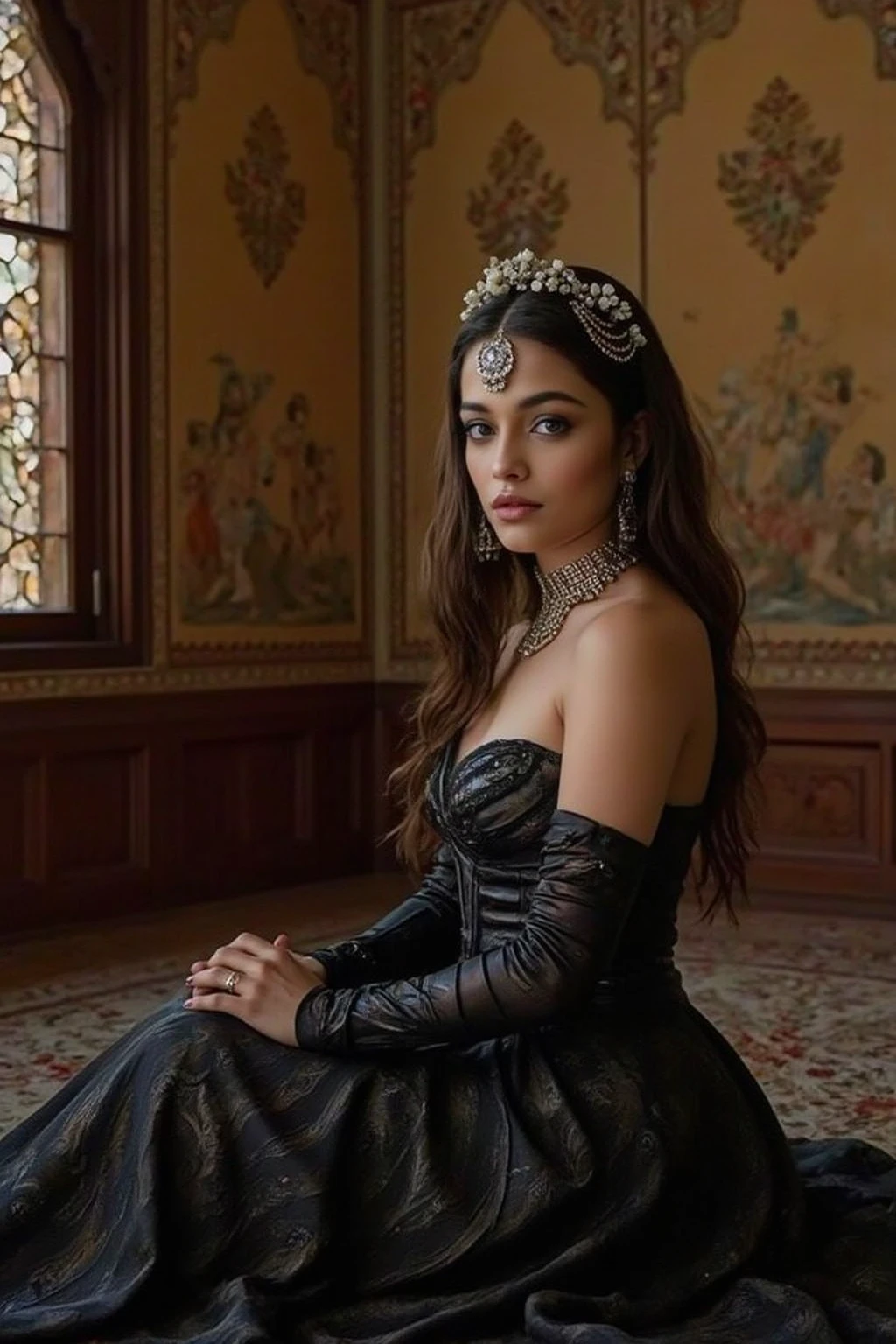 RAW photo of the gorgeous ginaval as a princess standing in a baroque castle, (wearing long sleeved traditional dress and jewelry:1.2), long flowing dark hair,, dark theme <lora:LowRA:0.4>