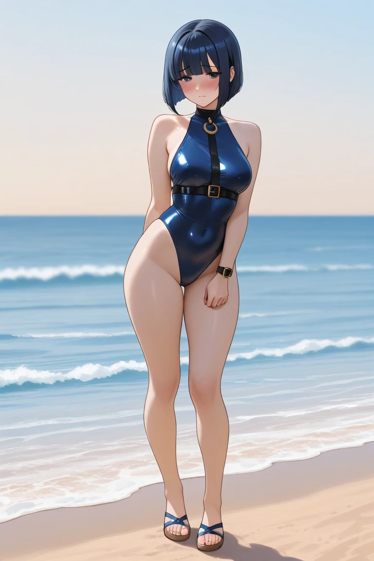 ((perfectly standing in front)), high resolution, best qualityer, work of art, 8kdefinition, beautiful girl standing in the ocean, ((kind smile, gaping mouth)), ((blushed face)), large blue eyes, busty, ((long straight light blue hair, fringes)), ((yellow one piece swimsuit)), camel toe, perfectbody, ((foto em close)), ocean and sky background