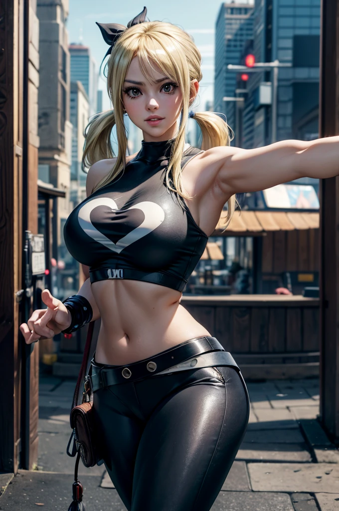 Create a highly detailed and realistic image of Harley Quinn as portrayed by Margot Robbie milf, Big Botty in "Suicide Squad." She should look beautiful and charismatic, with her signature blonde hair dyed with pink and blue tips. She is wearing a white transparent t-shirt through which her breasts are subtly visible, featuring the text "hahaha" printed on it. The setting is a post-apocalyptic world infested with zombies. The scene should depict a city in ruins, with many spent ammunition cartridges scattered across the streets, indicating recent and intense battles. The atmosphere should be dark, gritty, and tense, with an overall feeling of danger and chaos.