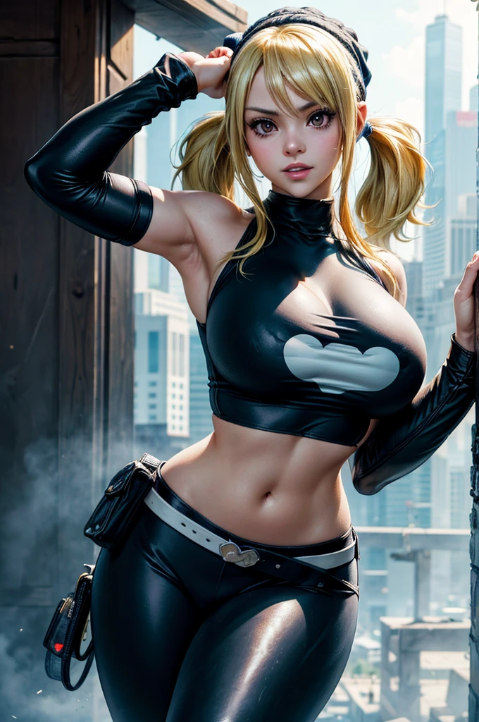 Big breasts, 1girl, ((short blonde hair)) ((wolf girl)) light brown eyes, has an extremely perfect body, with full breasts and a thin waist, and an extremely perfect body, clothes in the style of HIP HOP style embroidered top in front short woven short fingerless gloves, loose shoulder length gloves, has a bold appearance. young, quality, realistic, best quality, cute expression, blue lipstick lips, parted lips, propped up, graffiti wall,