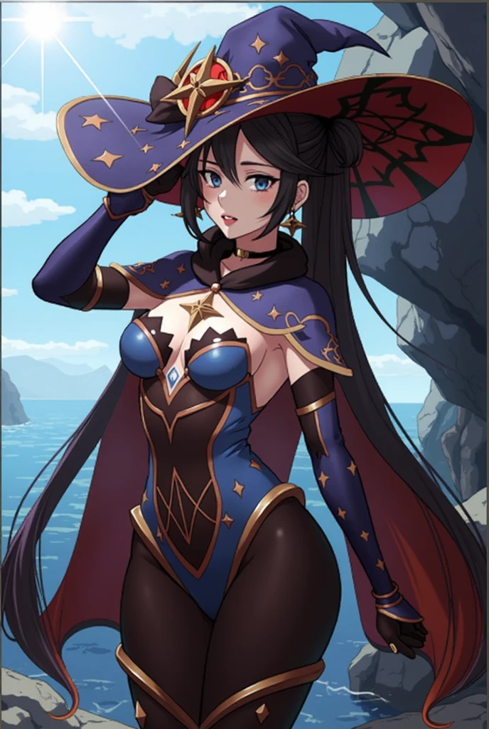 young woman, long brown hair blue eyes, witch, he would be, murderess, big chest