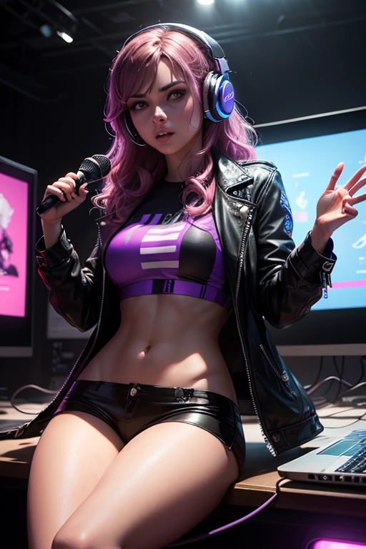 (detailed beautiful eyes and detailed face, masterpiece side light, masterpiece, best quality, detailed, high-resolution illustration), best quality, ultra detailed, extremely detailed, (masterpiece:1.1), high quality, (highres), (1 female), ((Computer desk background, monitors, keyboard, mouse), neon lights), (sitting on chair, programming code, beautiful woman, Mexican, Hispanic, shiny skin, sweaty, small breast, curvy, tanned skin, shoulder sunflower tattoo, full body), (messy hair, magenta hair, magenta colored eyes, magenta hair buns, short hair, black and white thigh highs, oversize shirt, long shirt, headphones)