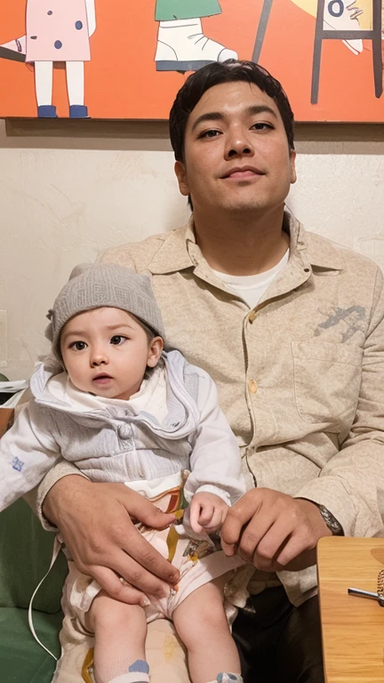A hearty and handsome father wears a watch, holds a cute baby in his arms, and has a very real-looking child next to him. Dad dressed as a fisherman 🧥, which looked very warm in the soft light. The style is similar to the work of &Jeehyung Lee & WLOP and is highly realistic. (Cartoon Version)