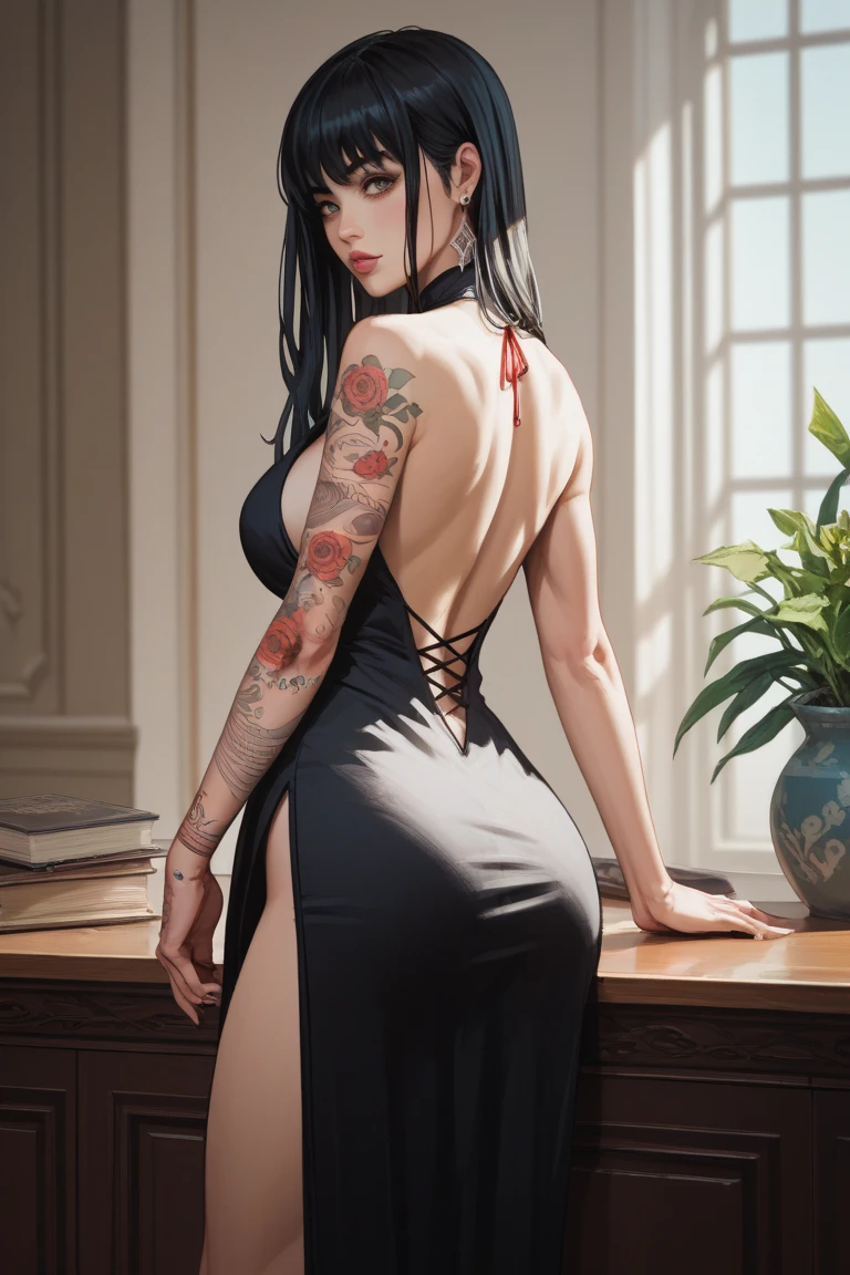 Gray Hair、Green Eyes、His right arm is a pitch black crystal prosthetic.、solo, Lady、Back view、Tattoo all over the back、Rose Tattoo