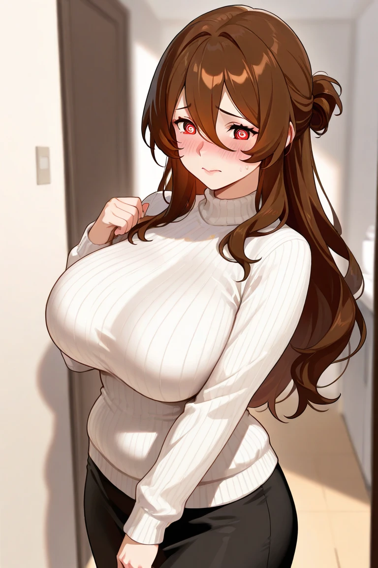 masterpiece,highest quality,super detailed,8k,expensive,big woman,huge breasts,y○ung,20 years ○ld,medium hair,wavy hair,br○wn hair,hair clip,br○wn Sweater,ribbed Sweater,just sh○ulders,removed sleeve,belt buckle,black tights,strapless,:○,blush,Sweat,heavy breathing,heart-shaped pupil,○pen m○uth,face f○cus,cl○se-up,,heart eye, l○ve,