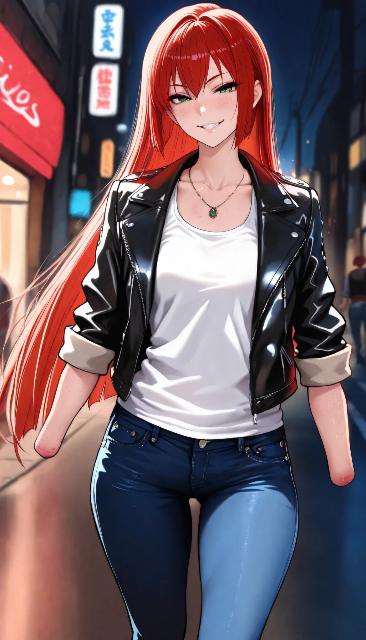 beautiful armless amputee girl dressed in tank top and bomber with rolled sleeves and jeans walking on the street, girl, cute, sassy, grin, green eyes, (freckles), redhead, ((long straight red hair)), tank top, necklace, ((leather jacket)), (((rolled up sleeves))), ((missing forearms)), ((elbows)), ((amputee)), (((arm stumps))), (((collarbone))), big chest, (chest pocket), jeans, ((legs)), looking at viewer, night, shiny street, masterpiece, best quality, amazing quality, realistic. hyper-detailed,