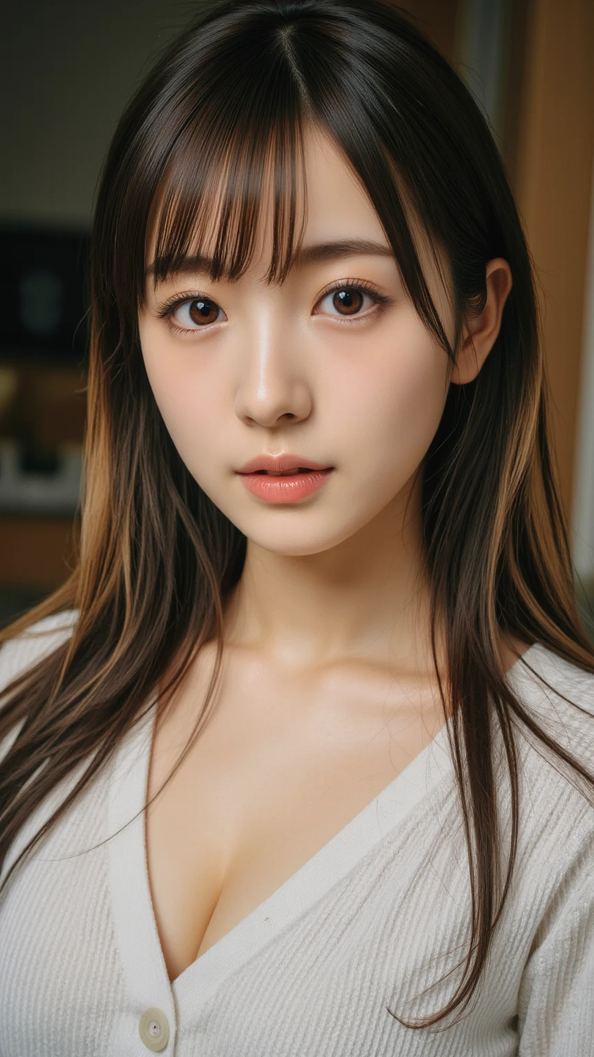 ((NSFW))、(masterpiece:1.5)、(8K)、(Photorealsitic:1.5)、Raw photography、(Top image quality:1.4)、(foco nítido:1.5)、 top-quality、masterpiece、超A high resolution、Photograph the whole body、Perfect dynamic composition、 22 years old、slender、Unwind in the living room、prety woman:1.4、serious facial expression、 Wearing a white leotard、 light brown hair、Hairstyle is straight long、Glowing hair、 Super Detail Face、A detailed eye、二重まぶた、 Natural Color Lip、Transparent skin、