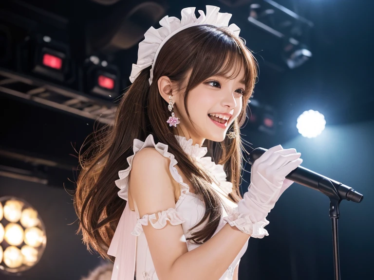 profile、Turned around、Butt,Flat Chest、(Slim body)、((Slim body))、Long Hair,Straight Bangs,Embarrassing,masterpiece,diamond、Earrings,background of fantasy,(((Brown Hair)))、 hair ornaments,Headband,Brown Hair, dress, ((青色のdress, Frillsのdress)), Ruffled gloves, Frills, gloves, Cleavage, Idol, Idol clothes, jewelry, Pink gloves, ribbon, looking at viewer,Indoor break,break (Tabletop:1.2), Highest quality, High resolution, unity 8k wallpaper, (shape:0.8), (Beautiful details:1.6), Highly detailed face, Perfect lighting, Extremely detailed CG, (Perfect hands, Perfect Anatomy),Laughing with your mouth open、Concert Venues、live house、stage、Cowboy Shot、Sing happily、