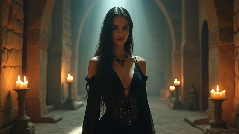 Albanian, girl, long brown hair, blue eyes, Character: Beautiful brunette shaman girl, Description: Silky short black dress, black spiky choker, Setting: Egyptian Goddess, Mood/Emotion: Cheery yet very pale, Detail: Black lipstick, Atmosphere: Bright lights, Emotion: Happiness, Panoramic view 