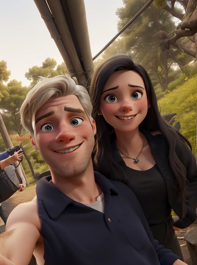 A pixar-style poles of a bald white man wearing sunglasses next to a young woman with long black hair, alta qualidade, melhor qualidade, master part