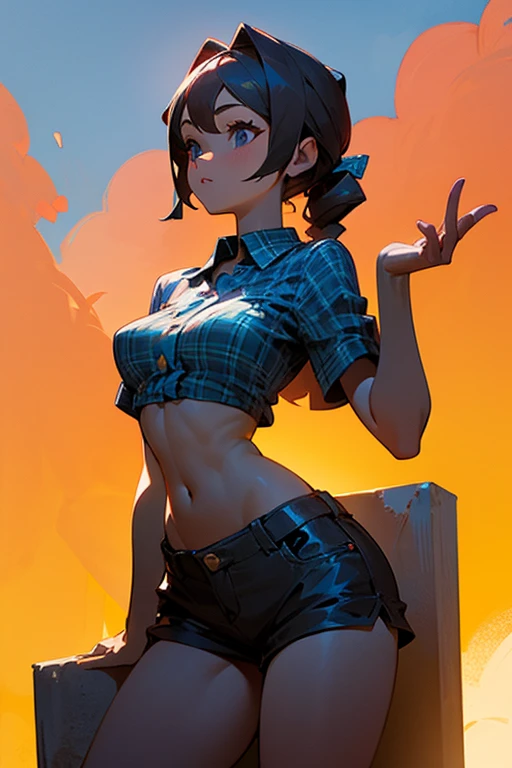((best quality)), (detailed), 1 brutal women, 8k_wallpaper, extremely detailed eyes, (large masterpiece digital art), (intricate details:1.3 ), (ultra-detailed:1.3), (sharp focus:1.3), (natural lighting:1.05), (vivid colors:1.3), (best quality:1.4), expressive eyes, full body, detailed face, beautiful face, perfect face, ((hair black curls)), ((blue horns)), (gold eyes), {{dark skin}}, ({dark skinned female}), (big breasts), huge chest, big wide ass, powerful relief muscles of the abdomen and legs, powerful strong muscles of the arms, a predatory and daring look, a predatory smile with a lot of fangs, dressed in an open white coat with rolled up sleeves, a translucent blue crop top through the fabric, the clear outlines of large pointed nipples are visible, denim mini-shorts, leather gloves, steel bracelets, a large hiking backpack, walks along the street of a large metropolis in the cyberpunk style with many advertising neon tabloids and labels of establishments, sunny day, light fog,