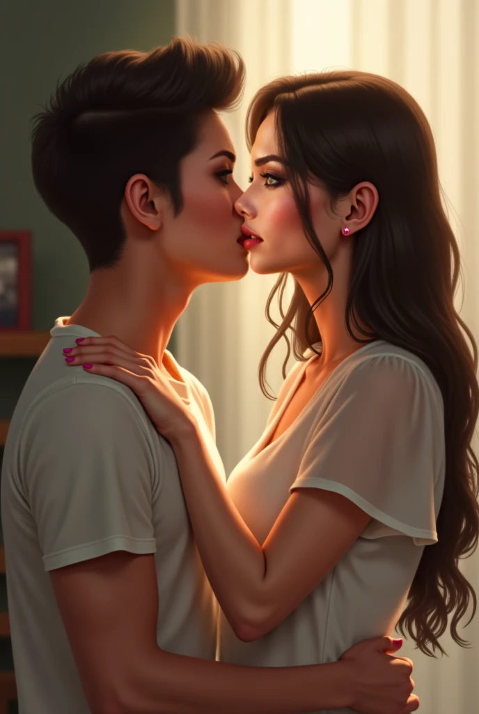 Young black lesbian women couple. A skinny tomboy style with short hair. The other one with long curly hair and fair skin and fat. The two hugging and kissing each other.