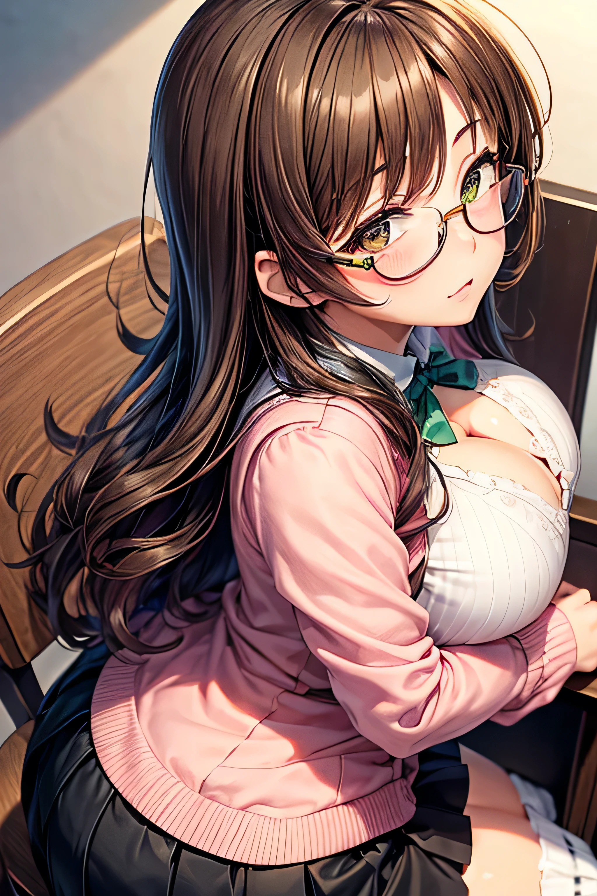 High resolution, high quality, 1 girl, anime girl, Brown hair long hair, brown eyes, green glasses, tanned skin, big breasts, (big ass),pink cardigan,white draped skirt,straddle the chair,lower body,