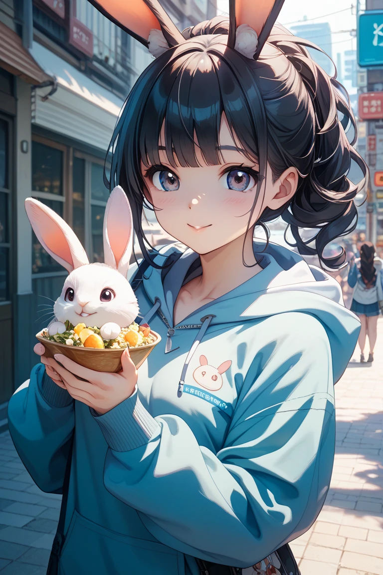 ((a young female white rabbit furry)), light blue long curly hair, white fur, black fur in the edge of ears, pink eyes, young furry, bbw, plump, , pink t-shirts, short jeans, eating ice cream, happy face, in the japanese street, horizontal angle, solo