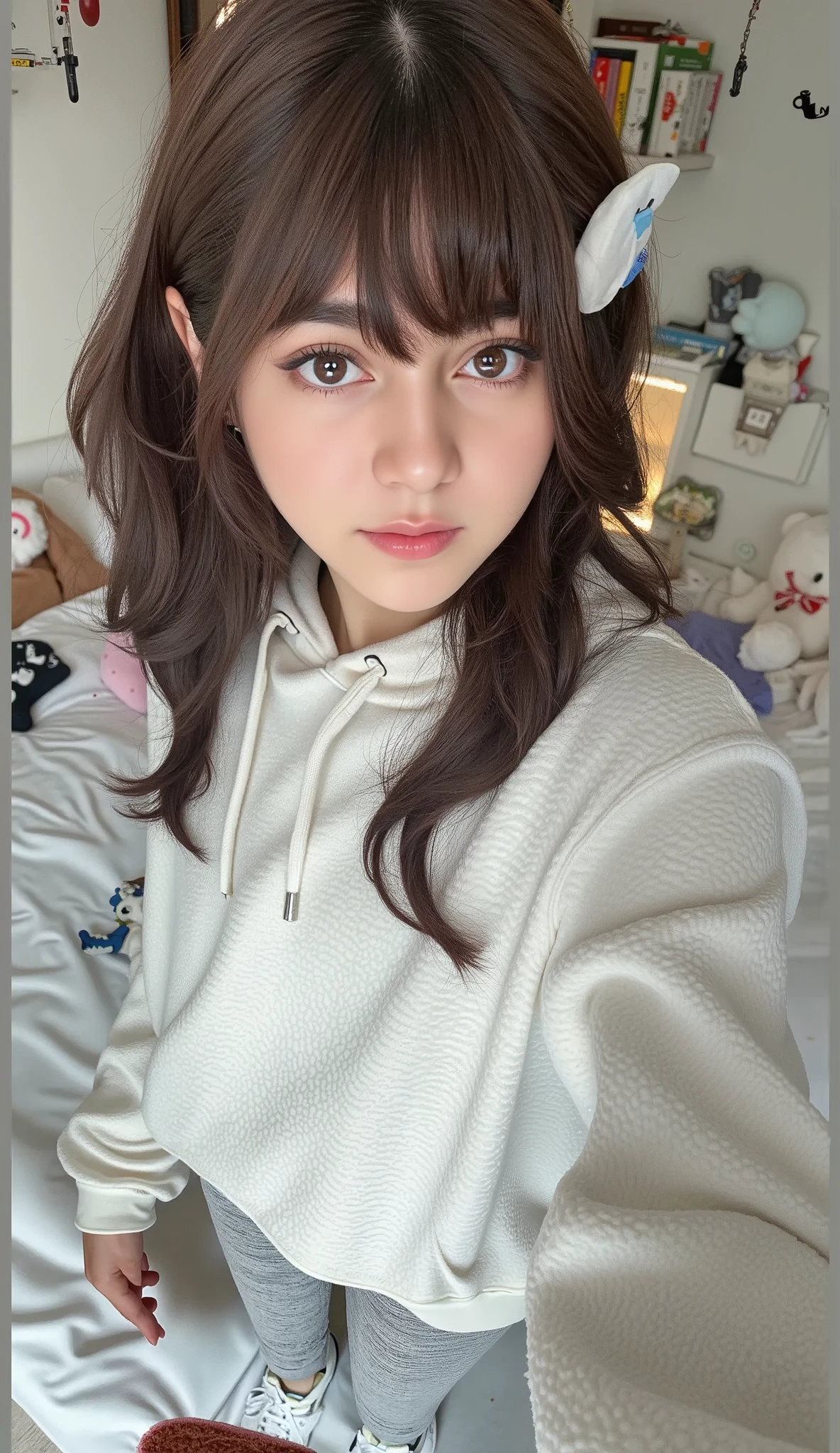 A person with long, wavy dark hair featuring bangs and a white hair clip with a blue accent is wearing a cozy white hoodie with a small bow pattern, paired with light gray sweatpants and white sneakers. The background reveals a bright, modern bedroom with white walls and a tiled floor. The room includes a bed with a white blanket decorated with a cartoon character, various plush toys, and a small desk cluttered with items like books, a makeup palette, and other personal belongings. A pair of pink slippers and some scattered clothes add a lived-in feel, while the overall atmosphere is cozy, casual, and filled with cute, personal touches.