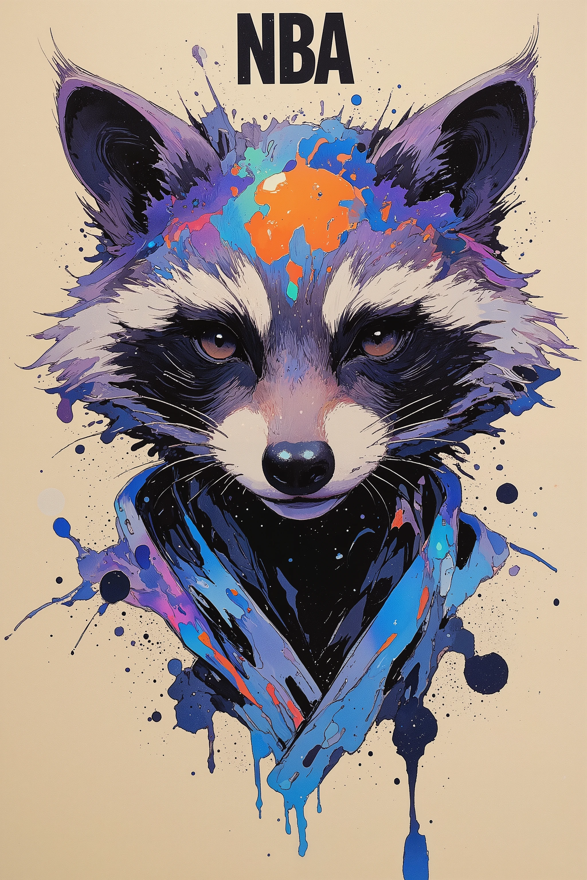 (((article, "NBA ", Add text"NBA", holographic big font) {x},(best quality)))、(super high image quality)、(Super Detail)、(detailed description)、(Best CG ))、(masterpiece)、ArsMJStyle、(Zen ink wash painting)、raccoon , basketball,シュートフォーム
