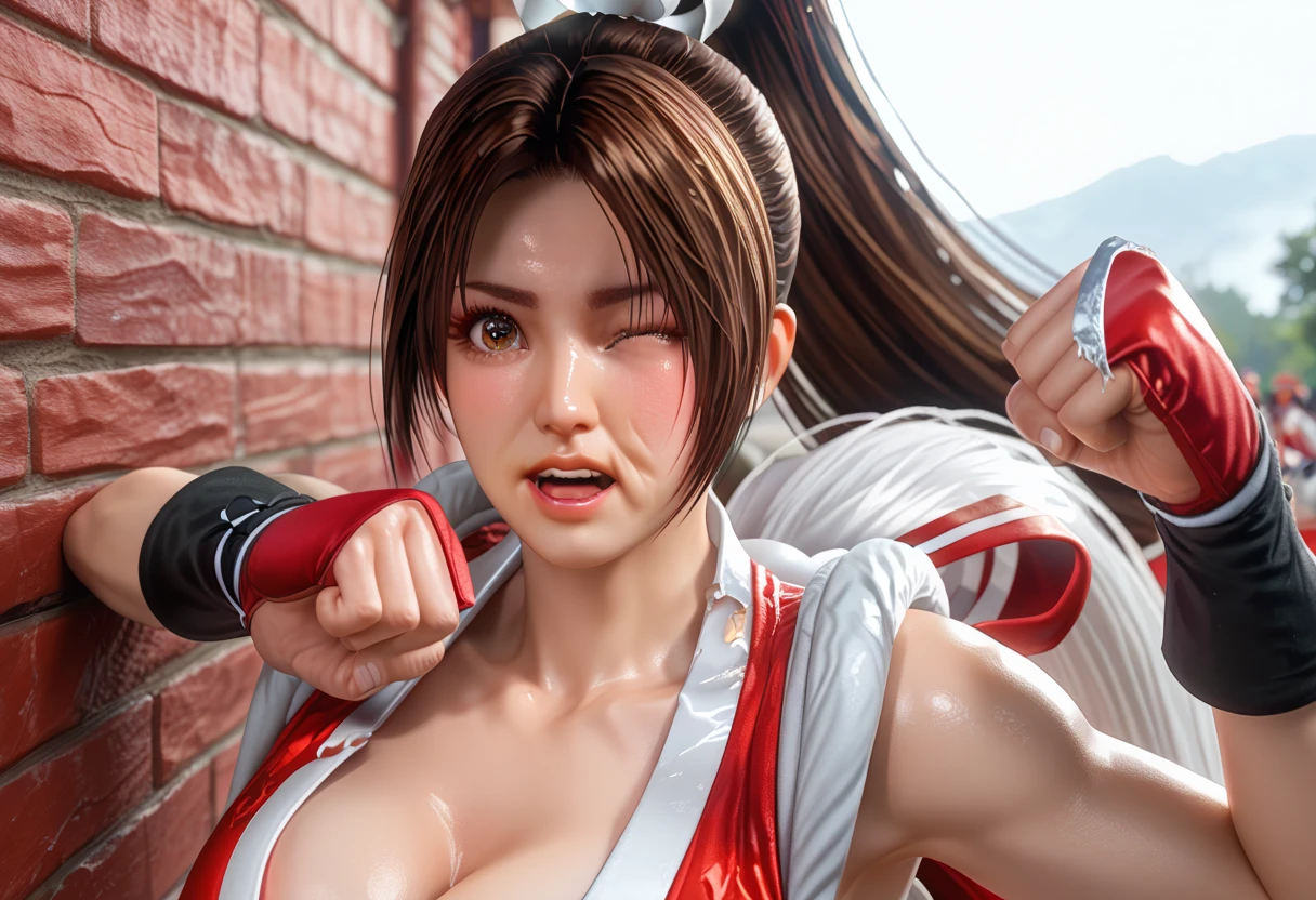 Mai shiranui, (best qualityer,ultra details),(realisitic:1.37), beautiful and detailed face, ultrarealistic texture, Exquisite face, athletic body, bright coloured. High definition, 8k, light pink lipstick and lip gloss, angry expression and anger