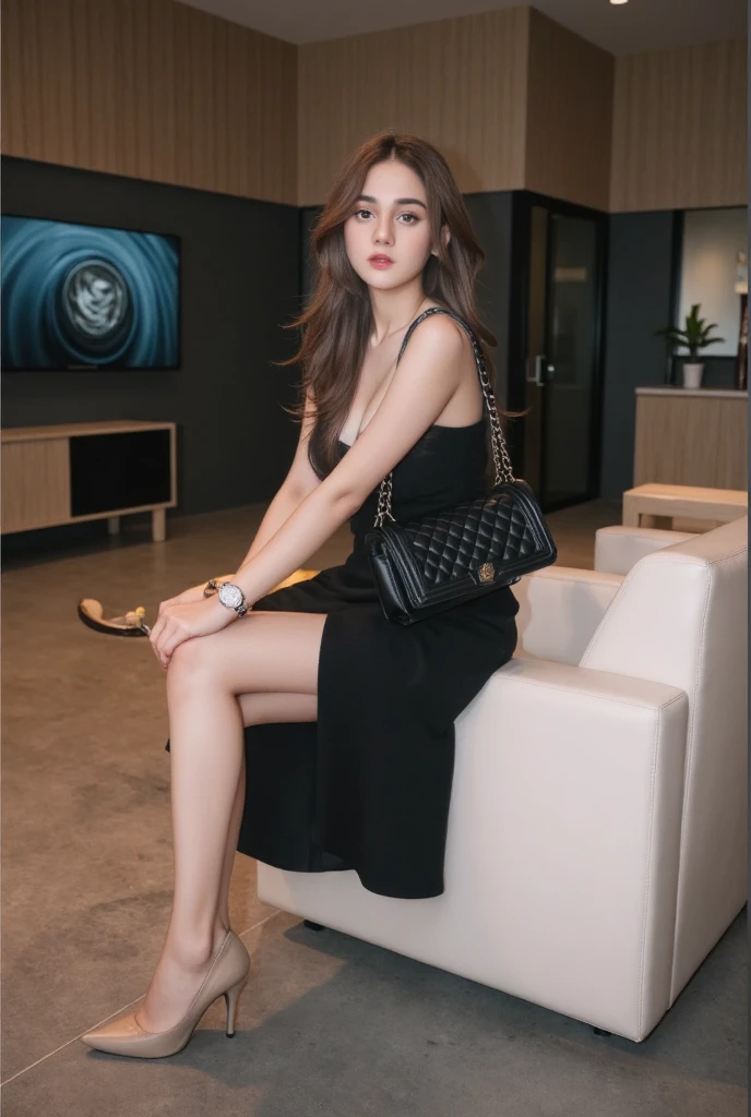 Full body photo of a beautiful sexy woman in a very short skirt and sewn stockings，stands_straight，（（独奏）），AS-Adult，At the office，high-heels，Craving sexual，strokes_herself，（best qualtiy，A high resolution，tmasterpiece：1.3），A tall and beautiful woman，Dark brown hair in loose wavy styling，nedium breasts，Wear a pendant，Beautifully rendered details in face and skin textures，Detailed eyes，二重まぶた