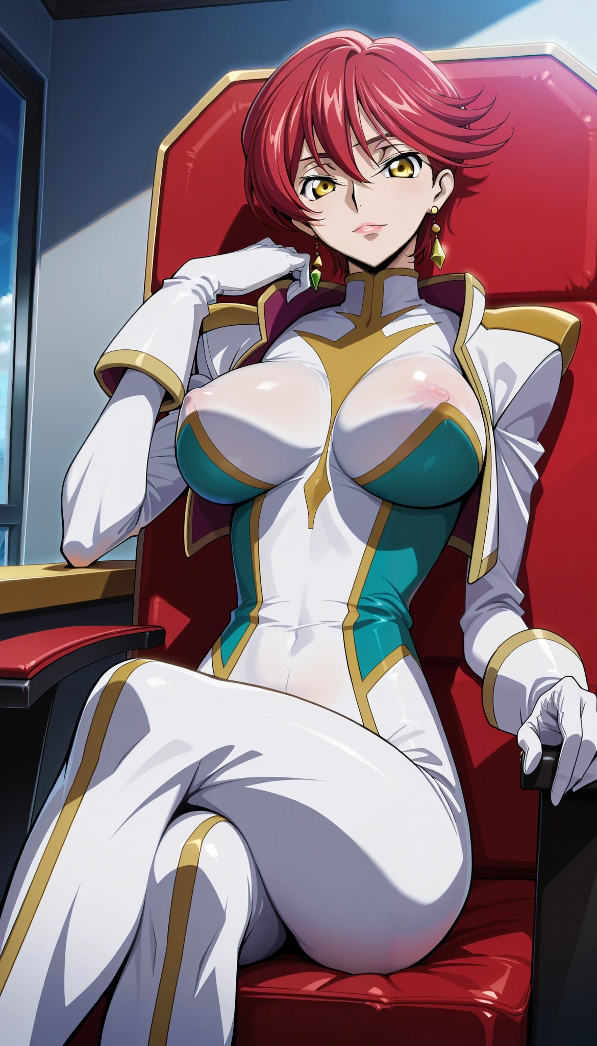 narah_pilotsuit,narah vaughn,1girl,solo,red hair,sitting,crossed legs,short hair,breasts,chair,yellow eyes,gloves,looking at viewer,jewelry,earrings,lipstick,large breasts,mature female,MILF ,,,,,,, score_9, score_8_up, score_7_up, score_6_up, score_5_up, score_4_up ,,,,, smile earring locking at viewer large breasts huge breasts , covered nipple , big breasts ,,,, code geass narah vaughn , Narah Vaughn | Code Geass Roze of the Recapture