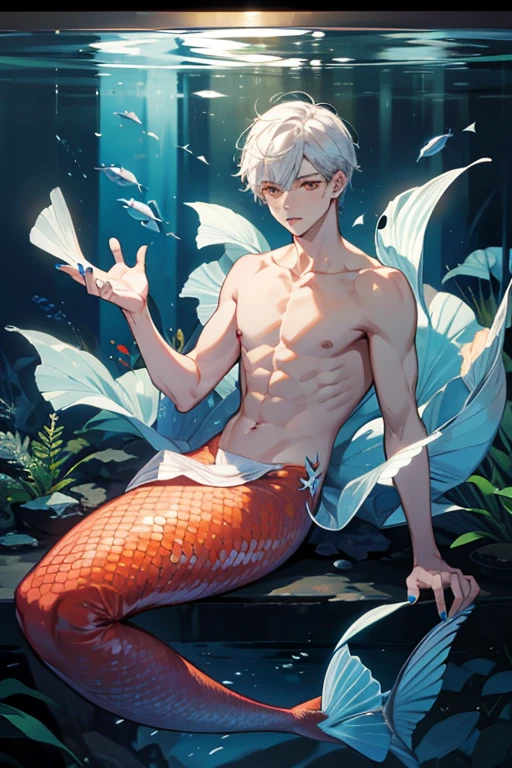 Long white hair, bangs, bust shape, water does not reach the lower abdomen, transparent color water, boy, beautiful appearance, white gauze on half-naked shoulders, red koi in the water, sunlight, Tyndall effect, sparkling, hair bundle, and the country is overwhelmed with milk dogs --auto