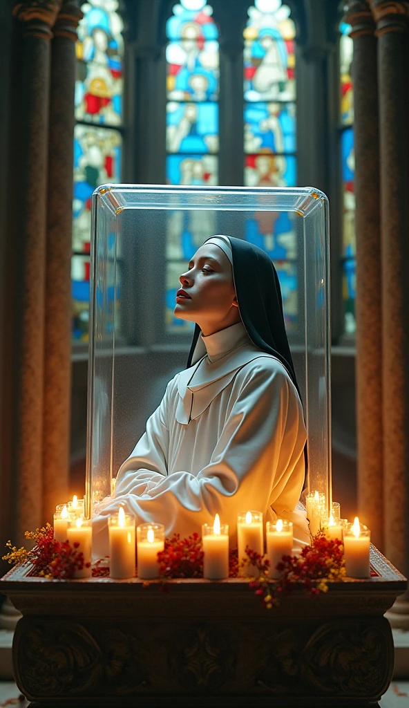 Saint Rose of Lima with her black and white clothing, sleeping in a bed full of glass.
