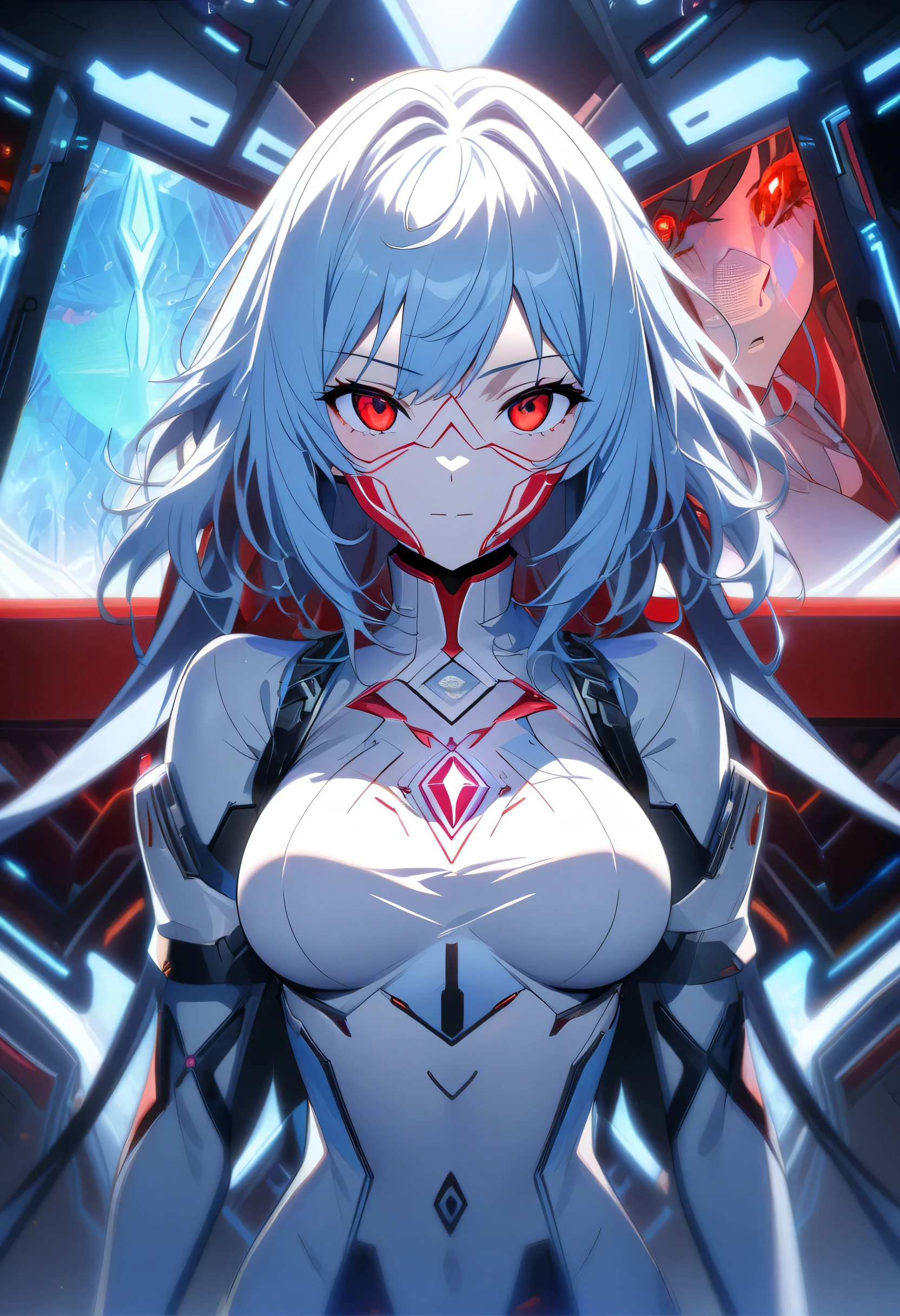 Pale blue hair,By bangs,long whitr hair,red color eyes,By bangs,teens girl,Evil expressions,Villain expression