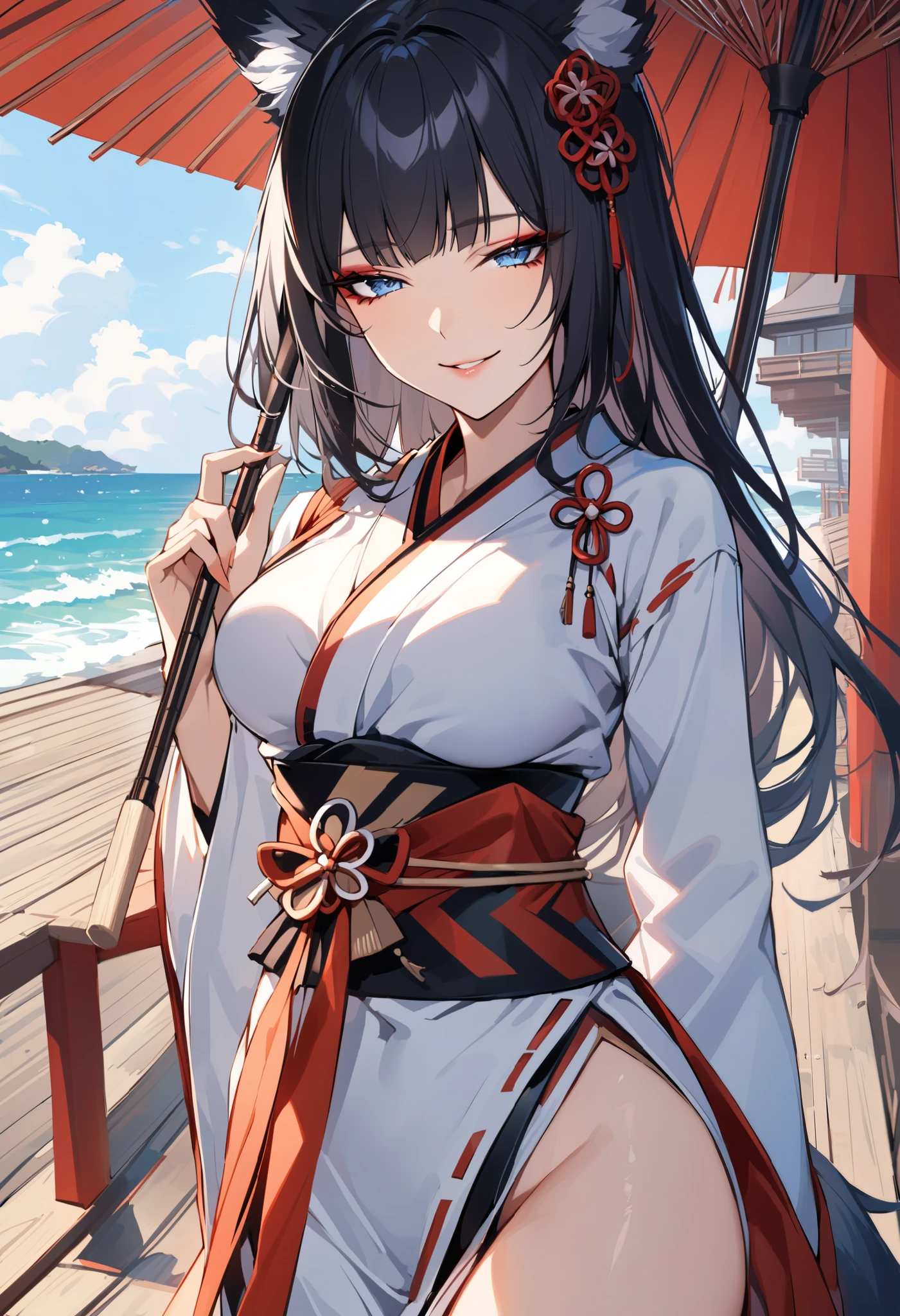 (pov kimono style swimsuit) (beautiful body), (solo:2, 15 yo, blunt bangs:1.3 black hair long hair sexy shrine girl, sexy closed eyes, happy smile), (in a japanese modern:1.3 shrine:1.2 beautiful one piece swimsuit, wabisabi:1.3, white and red), break, in the Swimsuit contest venue, background Double Exposure beautiful ocean, BREAK, perfect ???????, masterpiece, best quality, 16k, beautiful detailed love, sexy, daydreaming expression.