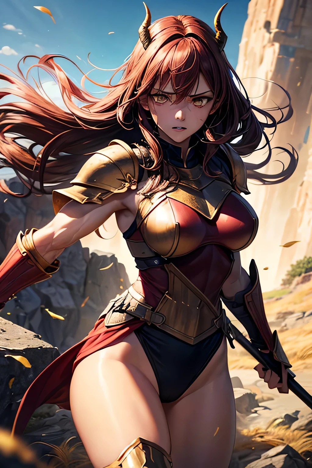 sexy female hero, revealing armor, cape, background landscape, fire lands, cape fluttering, windy