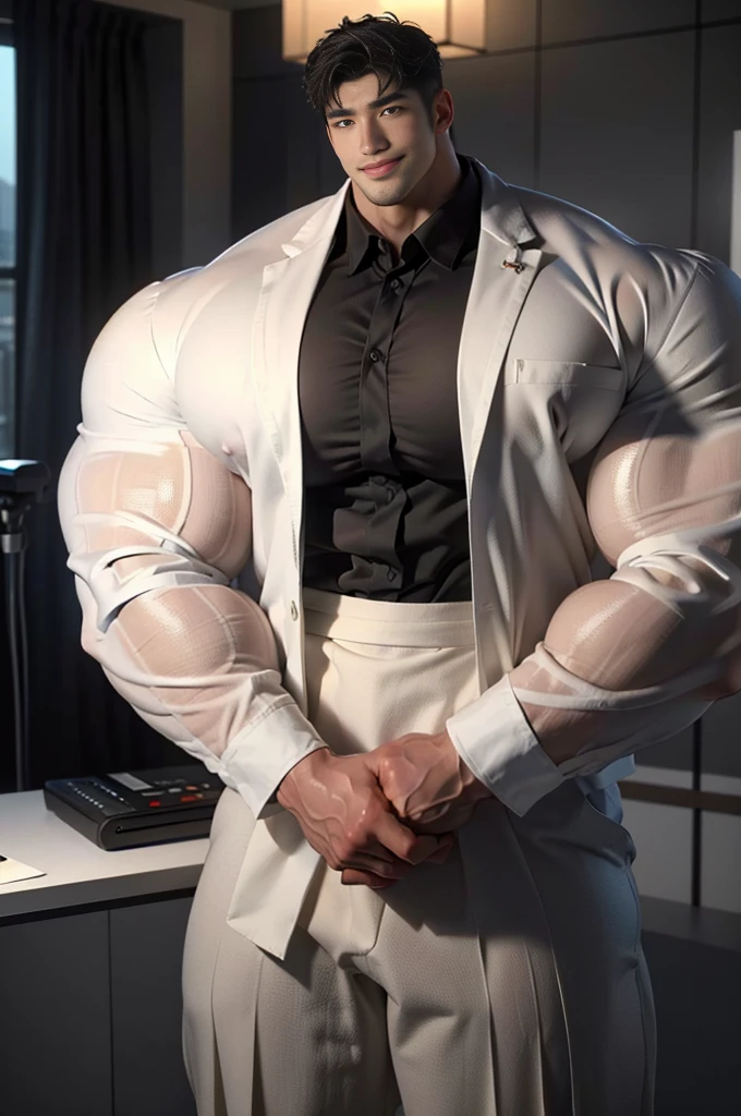 (best quality:1.5, hyperrealistic:1.5, photorealistic:1.4, madly detailed CG unity 8k wallpaper:1.5, masterpiece:1.3, enthusiastically detailed photo:1.2), (hyper-realistic lifelike texture:1.4), highly detailed, ((masterpiece, best quality)) ,extremely detailed 8K wallpaper, 1 korean male, (korean man with k-pop idol look), 20yo, handsome, detailed face, heavy muscular, stubble, sexy and masculine, formal tailored suit & pants, prominent bulge, photo real, illuminating light, big, brutalmass, giant, muscular bodybuilder, bulk, massive body, large size, smile, office