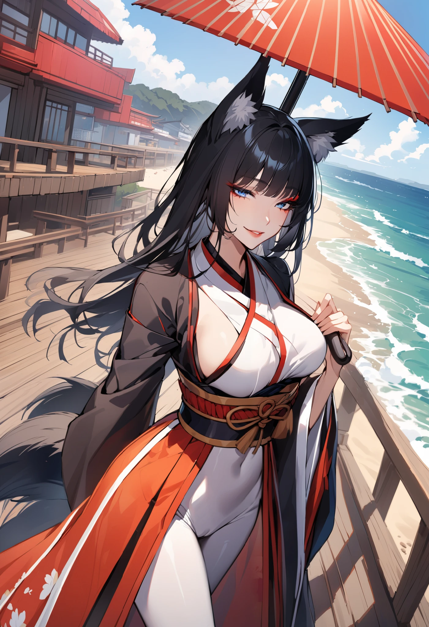 One Girl, Fox Girl, Nine-Tailed Fox,Fox Ears, Black colored hair, Fox Makeup,One Girl, Kimono with open chest, Body size is 100-70-90!, Nice body, Avatar, face, Open chest, lewd face, Dominant representation, naughty face, Big Breasts, Emphasize cleavage,Show bare skin, Skin is visible, With legs apart, Show off your thighs, M-shaped legs, A beautifully patterned kimono,Red and black flowing water pattern kimono, I can see her cleavage, I can see your underwear, Nipples, See-through, Plump body, Muscular, Uplifting, Abdominal muscles, Exposed skin, Long Hair, Skin Texture, Soft breasts, Large Breasts, Standing in a grassy field, outside, Blue sky,Composition facing directly ahead, Grab the breasts with both hands, Fingers digging into breasts, Developmental atmosphere, god秘的な絵, god々Cool atmosphere