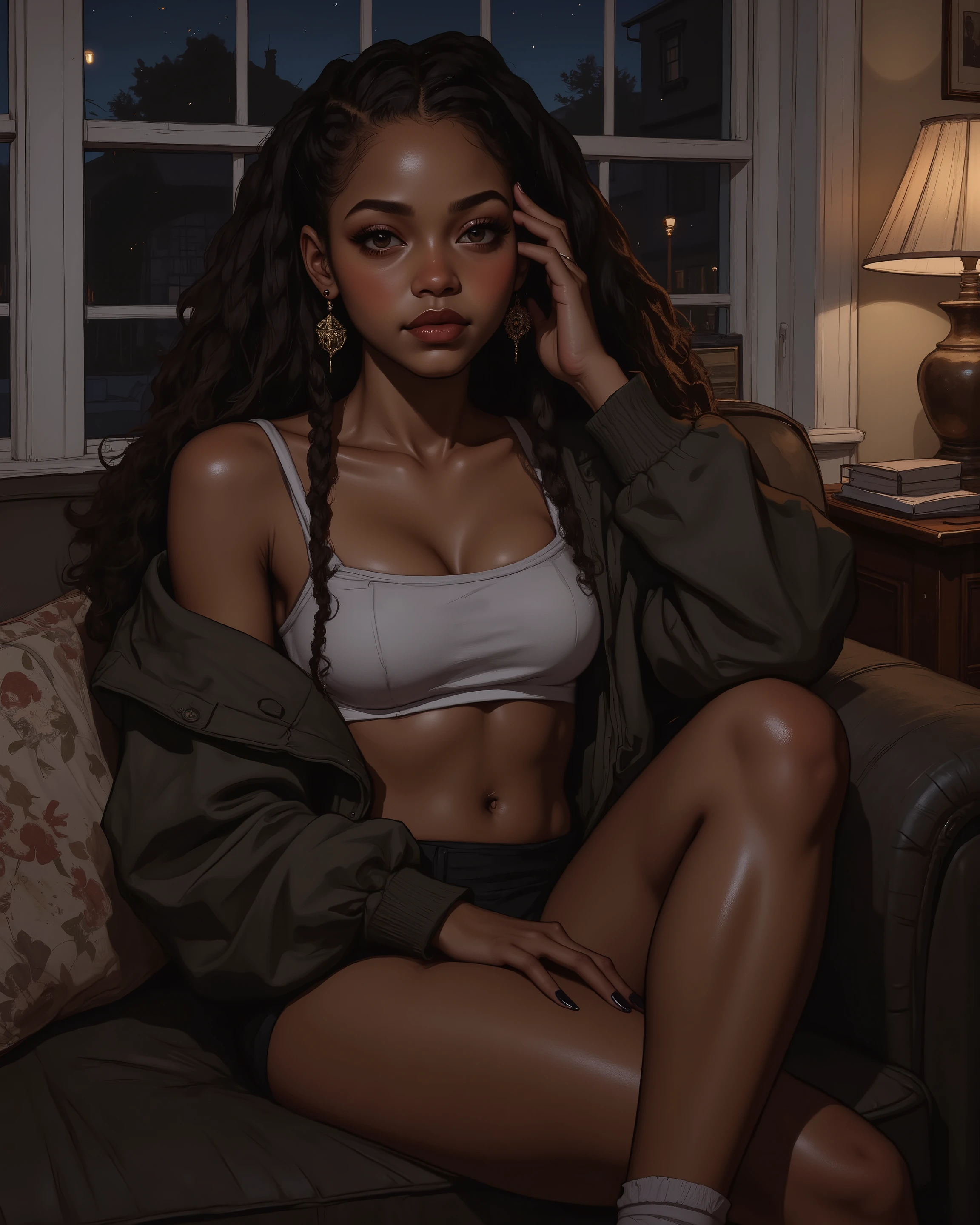 1Girl, (A girl is wearing just a thong and a loose sweatshirt that exposes her flat abdomen, earrings, black girl with braided hair, (olive eyes:1.4), very small bust and a petite body), In the living room of a house, sitting, listeng music, the night is dark. dark cinematic lighting, masterpiece, best quality, digital illustration, comic book art.
