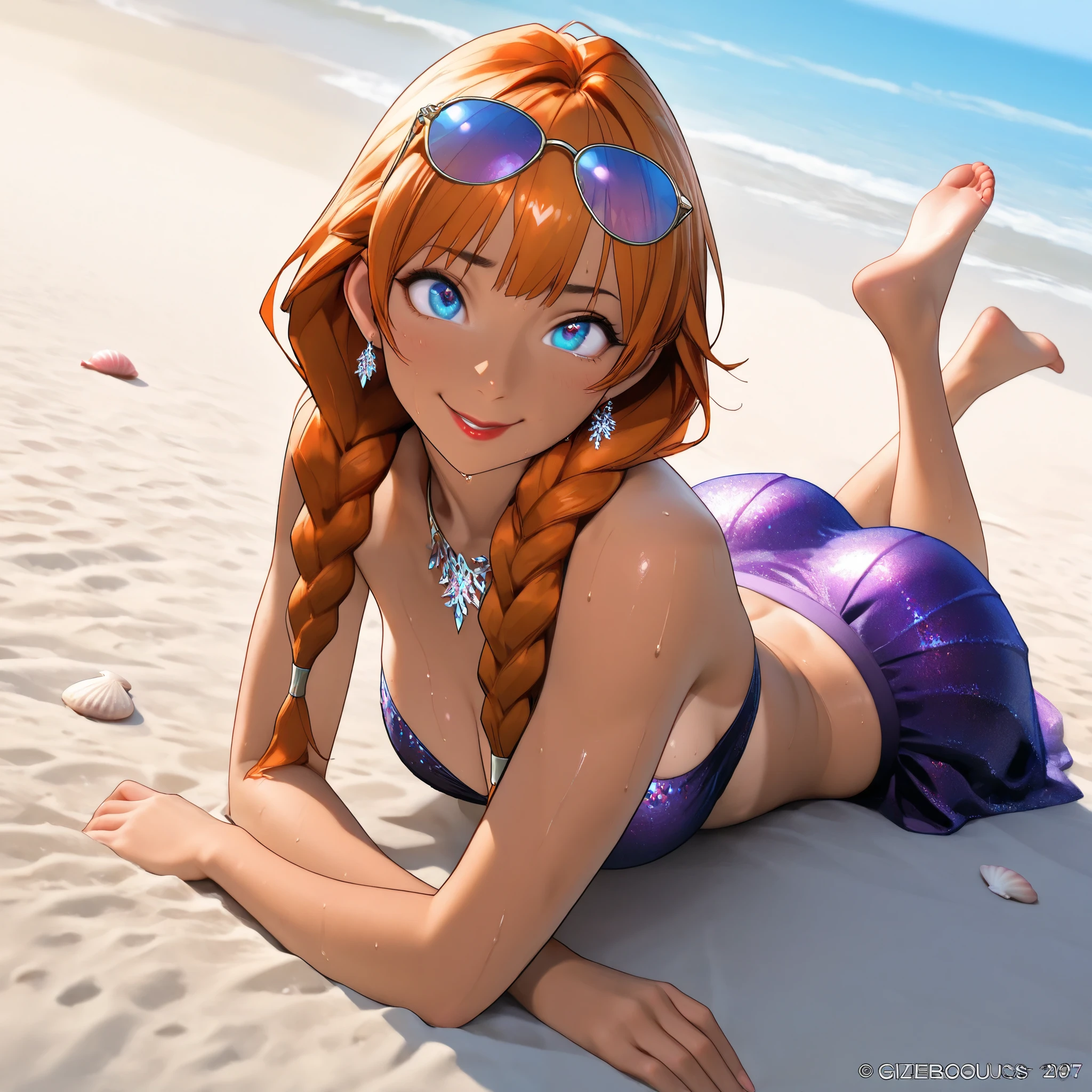 8K,Masterpiece, cgstation, hyper CGI style, arte extremadamente detallado de artgerm, photorealistic chica anime render,  8k anime drawing style , Best Quality, 3d rendering, intricate, cute, hyper detailed, medium bust, 27 years old, a woman, sensual smile, red lips, super detailed skin, super beautiful eyes,front,perfect nose,Glitter Effect,Beautiful glossy lips, 25years old, gorgeous legs, noise perfect, gorgeous ass, 1girl, gorgeous ass, dynamic pose, Sensual woman, seductive woman, Mature woman, Milf, sweat, shy look, full body, (type of photo: medium shot, portraying the person from head to waist), orange hair, blue eyes, twin braids, Princess Anna from Frozen, DisneyAnna, Young woman with tanned skin wearing a yellow ruffled bikini and sunglasses, Girl wearing a fuchsia bikini and short tulle skirt, playing at writing her name in the sand with a seashell while smiling in the bright sun. stands on the beach,
