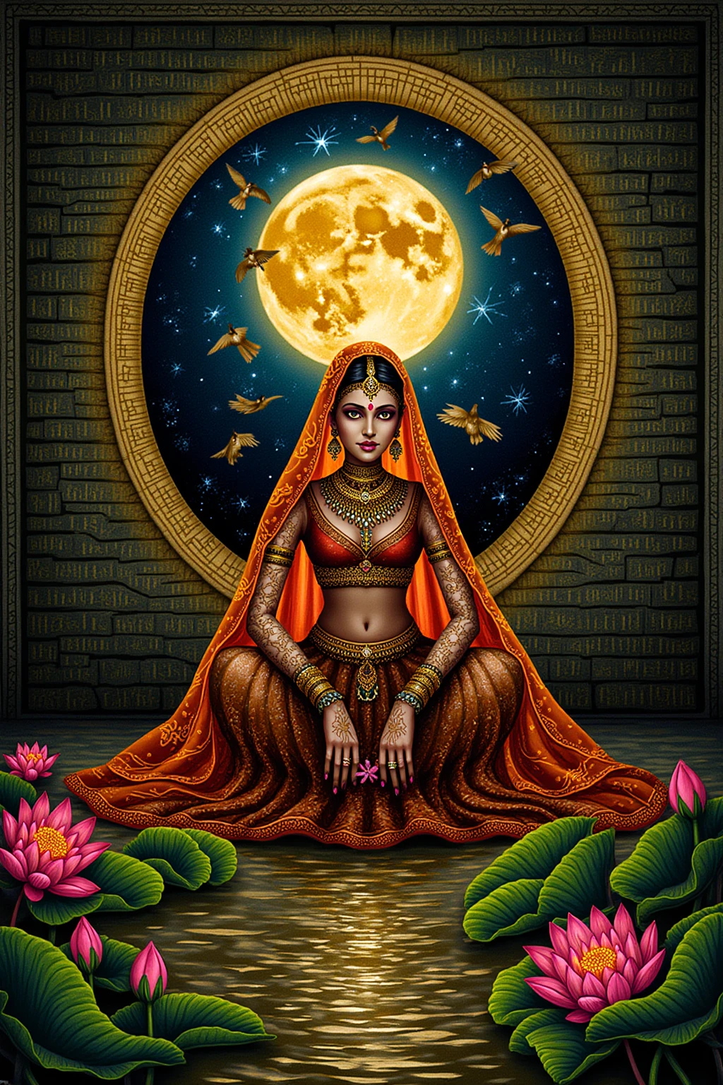a naked woman sitting on a bed with a full moon in the background, indian god, sexy hot body, big open floor, 8k ”, sexy-s 100, painting of beautiful, massive arch, big puffy lips, pocahontas, inspired by Jitish Kallat