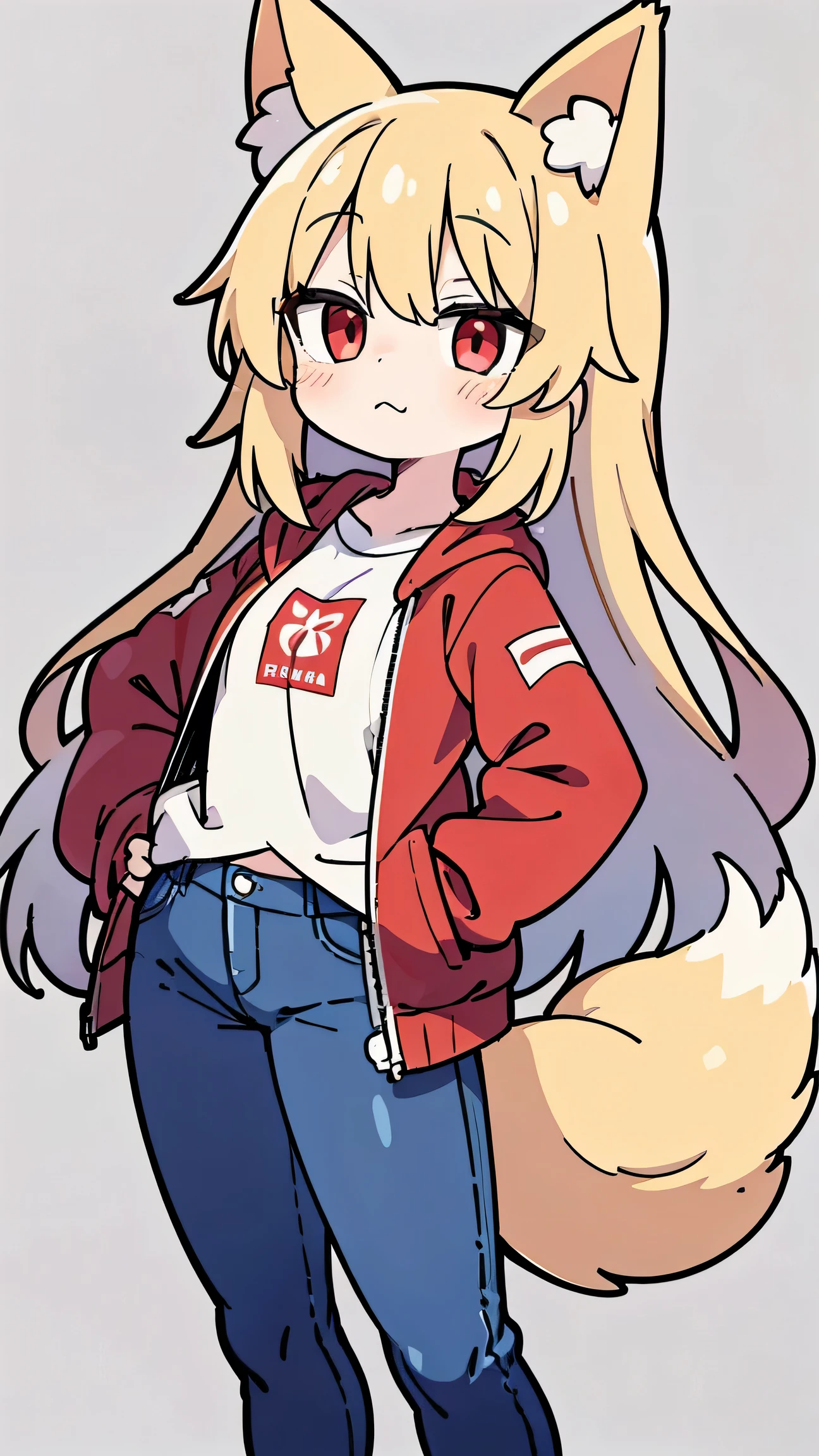 anime style、 cute face、 female、 fox ears、Gold Hair、long hair、tail、red eyes、red jacket、jeans for 1 person、simple background、I'm stuffy