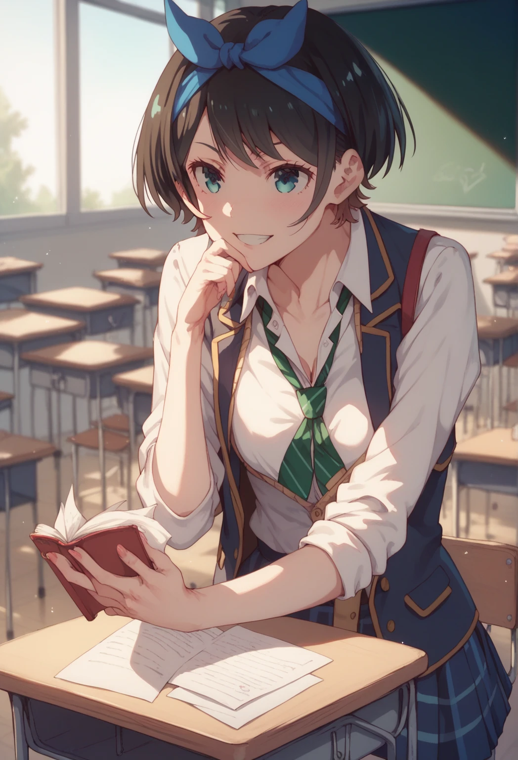 masterpiece,best quality,highres,ultra-detailed,aaruka,blue hairband,short hair,bangs,long sleeves,school uniform,jacket,black jacket,blazer,open clothes,green necktie,shirt,skirt,black socks,loafers,brown footwear,<lora:sarashina_ruka:0.8>,indoors,sitting,desk,chair,classroom,(studying:1.4),from_side,