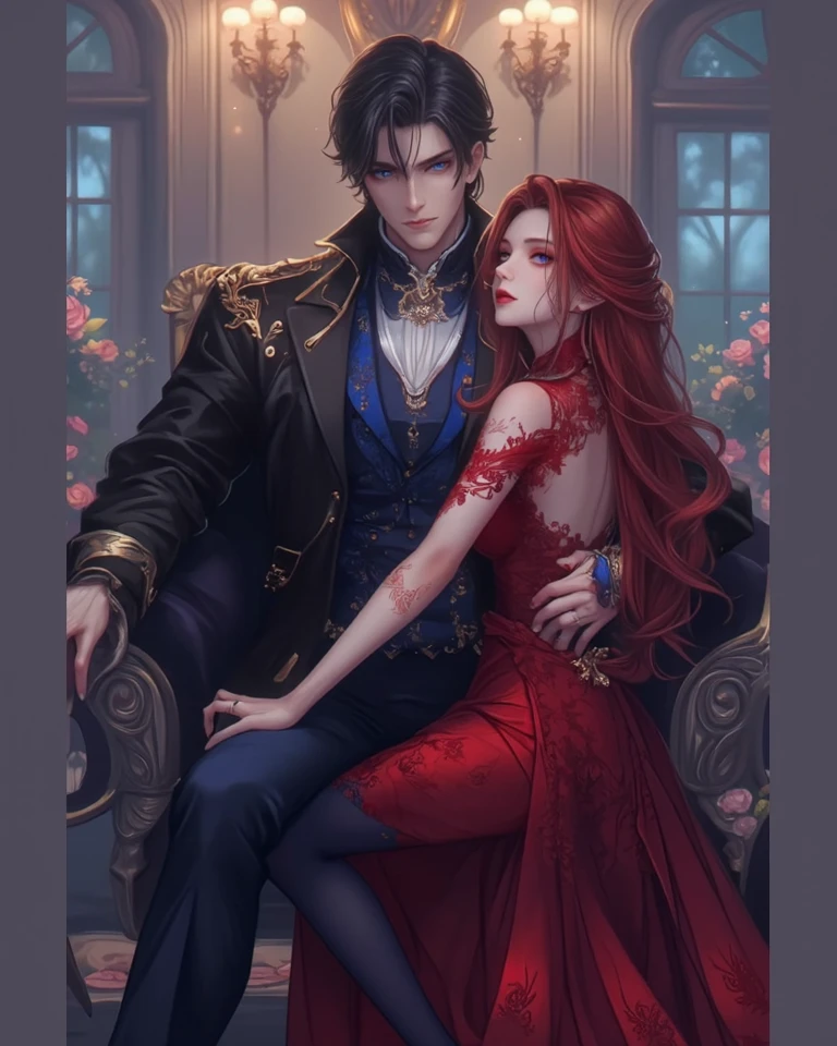 A female manhwa character with red hair and emerald green eyes  sitting on a throne while a male manhwa character who is tall and lean, with dark hair that fell to his shoulders and eyes that was like amythest is standing beside her 

Also use the prompt fantasy 
