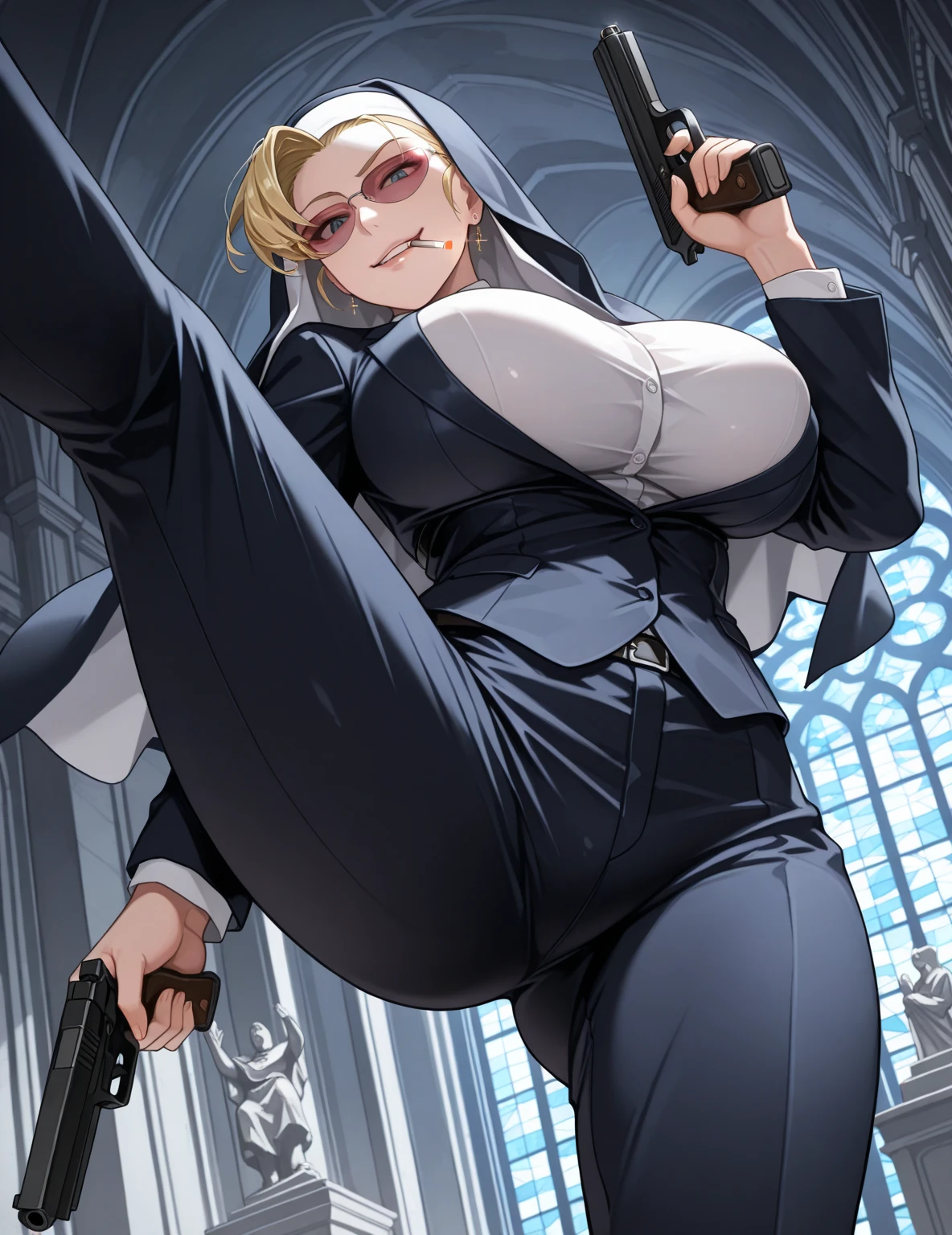 (masterpiece), best quality, expressive eyes, highres, anatomically correct, 1girl, perfect face, perfect hands, female, short hair, messy hair, wavy hair, purple hair, side bang, purple eyes, fair skin, medium chest, slight smirk, bondage, tied up, restrained, restricted, tied, harness, rope, arms behind back, hands behind back, purple glasses, purple suit, tie, pants, vest, blazer, gloves, gagged