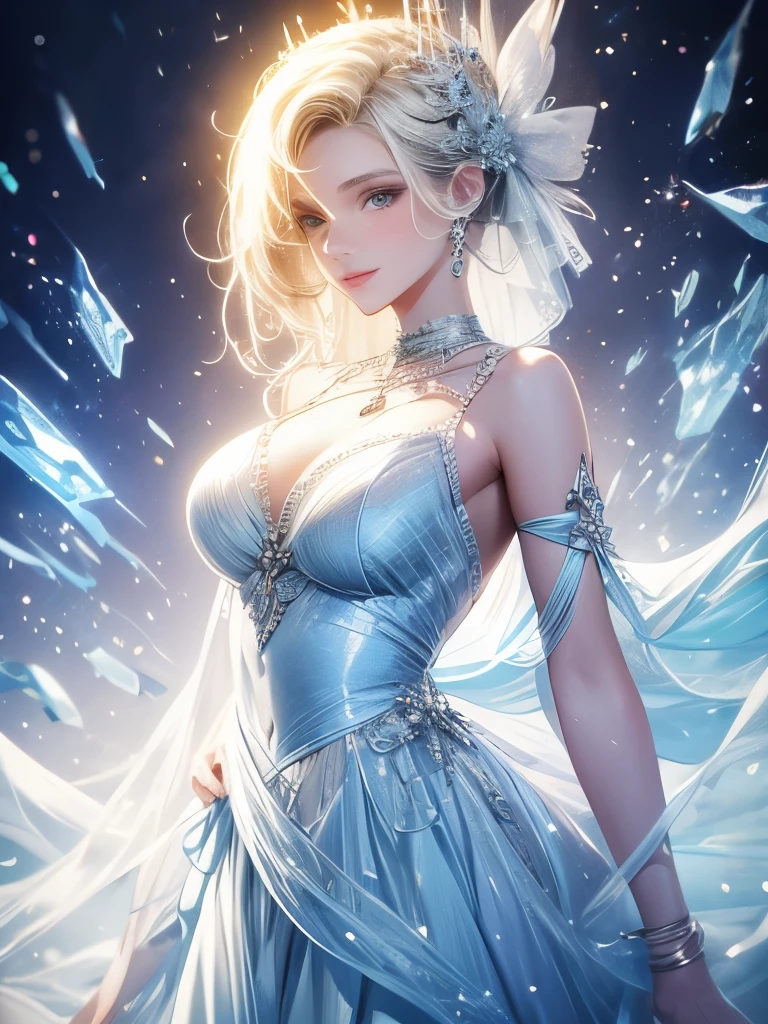 masterpiece、highest quality、wood, Detailed mini ice spikes and crystals, Frozen waterfall as background, Light reflected on ice crystals, Flowing snowflakes.Beautiful woman、white hair、cutegirl,Realistic people,black dress