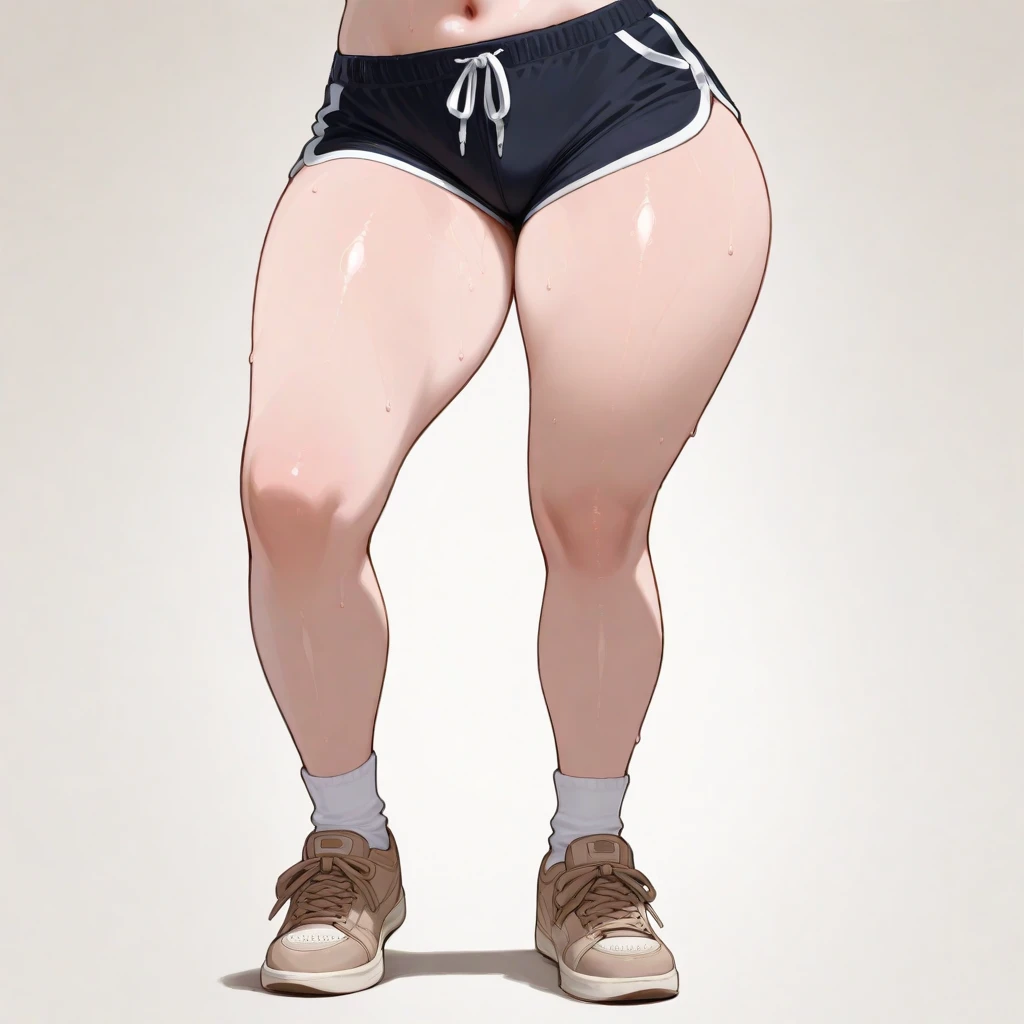 #1 fitness supermodel, thick thighs, slim waistline, fleshy lips, iridescent spandex top under mesh shirt, sheer seamed pantyhose under knee-length cirre shorts, white knee-high socks