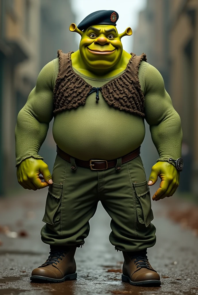 Muscular Shrek, with black and green checkered kimono, with a katana at his side and a wooden box on his back 


