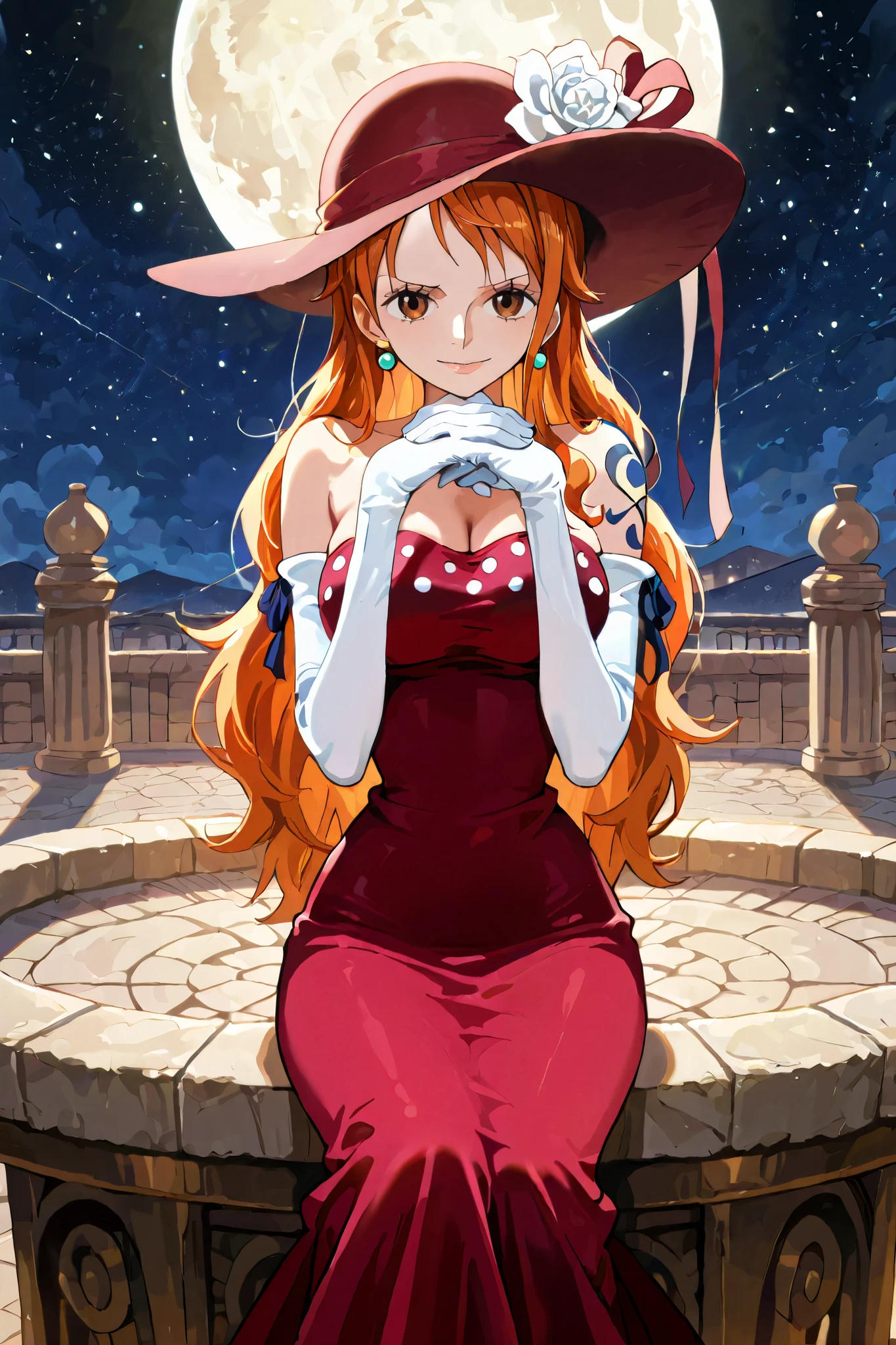 (masterpiece) solo, 1girl, nami, one piece, long orange hair, earrings, brown eyes, sleek legs, red wide flat-brim hat with a ribbon decoration), red long dress with sequins, off shoulder, strapless, ((white elbow length gloves)), (smiling, coy, confident), sitting at a table in a marble courtyard, (right hand on hip, tipping her hat with left hand) night scene, starry background, full moon in the sky, elegant pose, , razzle dazzle vibes, cowboy shot, facing the viewer, gendou pose, own hands clasped, own hands together