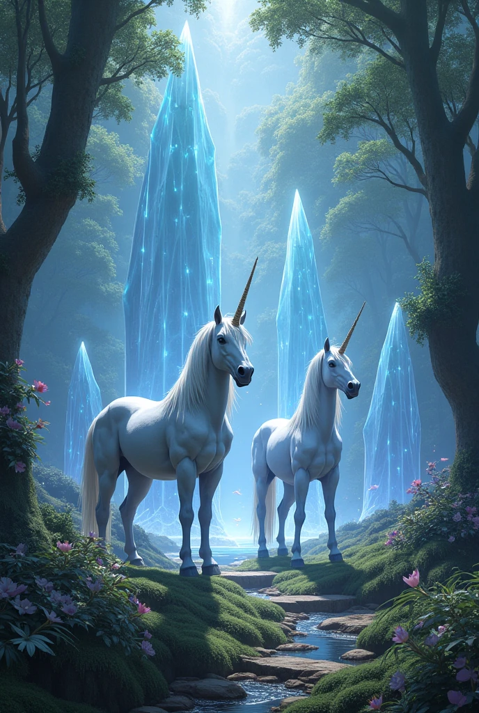 Create a vibrant and enchanting scene featuring a group of unicorns in a lush, magical forest. Each unicorn should have a unique coat color—one shimmering white, another deep blue with sparkling stars, and a third a soft pastel pink. Their spiraling horns should glimmer with iridescent hues, reflecting the light of a soft, ethereal glow.
Surround the unicorns with a variety of fantastical flora: luminescent flowers, towering trees with glittering leaves, and gentle streams that sparkle like diamonds. In the background, include a cascading waterfall that glows under the moonlight, adding to the mystical atmosphere.