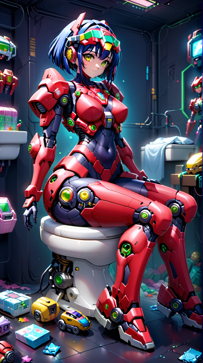 "(Cyborg girl), fair skin, eyes like jade, silver hair + blonde hair + orange hair + green hair, mechanical legs + arms, playful smile, gorgeous retro halo surrounding, futuristic ink softness, (big breasts: 1.5)."