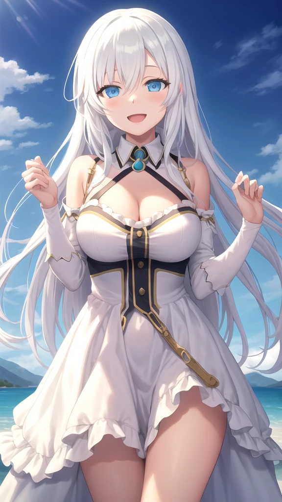 ((masterpiece)), (((best quality))), ((ultra-detailed)), ((illustration)), ((disheveled hair)), ((frills)), (1 girl), (solo),1girl,black legwear, blonde hair, blue eyes, blush, breasts, clavicle, cleavage, closed mouth, clothing, eyebrows visible through hair, female, headwear, large breasts, legwear, long hair, looking at viewer, smile, thighhighs, white beret, white headwear, military,white military uniform, white naval uniform,