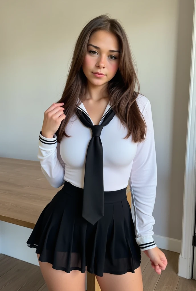 21 year old girl dressed as a cheerleader, vestida de estudiante, With a plaid skirt and a white blouse in the background, she is in her luxury bedroom with a giant mirror behind her and her closet full of expensive clothes., medium-large breasts and small waist, she has her hair combed with two pigtails, good girl face without blouse