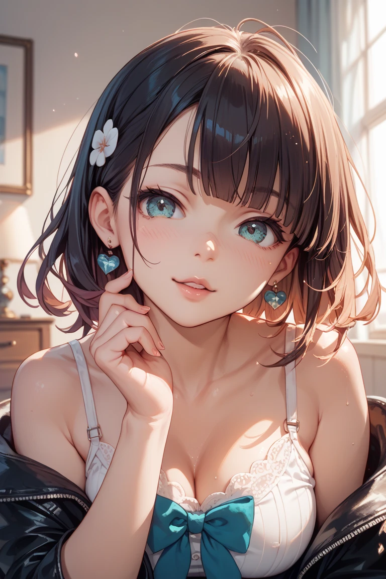 (masutepiece: 1.3), (max resolution: 1.2), (Ultra HDTV: 1.2), cinematric light, 8K resolution, Detailed eyes and skin, detailed facial features, , (Sharp Focus: 1.2）, (Focus on Face:1.2),Perfect Style, Beautiful face, acurate, Anatomically correct, Highly detailed face and skin texture, Detailed eyes, Double eyelids, Thin eyebrows, Glitter Eyeliner: 1 Natural cheeks, Glossy skin, Fair skin: 1.2, (Glossy lips: 1.4),、 (Shy look: 1.2),Highly detailed facial and skin texture, Detailed eyes, Double eyelids, Natural cheeks, ,shiny lips: 1.4,Exposed cleavage、Full body like、dismay、red blush、（embarrassed from:1.5)、shiny little necklace and earrings, shiny lips: 1.4, humiliated、impatience, （a smile:1.2）、Soft breasts、cleavage of the breast、(hiding chest with hands、hide crotch with hands)、red blush、embarrassed from、I see underwear、Public display of sexual activity、Disheveled clothes、Dressing、Neat and clean woman、22 years old, 1 persons、bangs flowing diagonally, Brown hair, #Loafer Shoes, #Ballet Flat Shoes, #feminine, #elegent, #shoe, #feminine